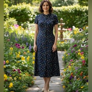 VTG Eaton Essentials Navy Blue Floral Short Sleeve Button Front Crepe Dress 8/S